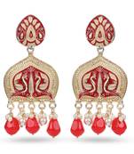 Red and gold peacock dangle earrings