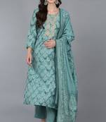Women green embroidered silk blend stiched straight kurta trousers suit set