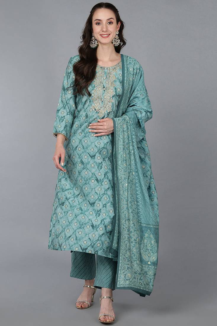 Women green embroidered silk blend stiched straight kurta trousers suit set