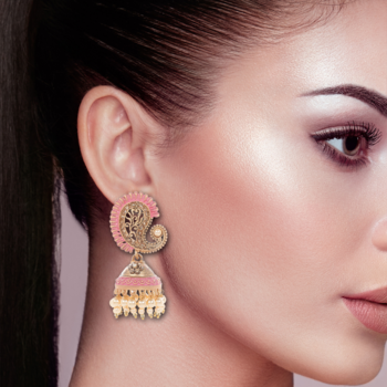 Pink and gold paisley jhumka earrings 3