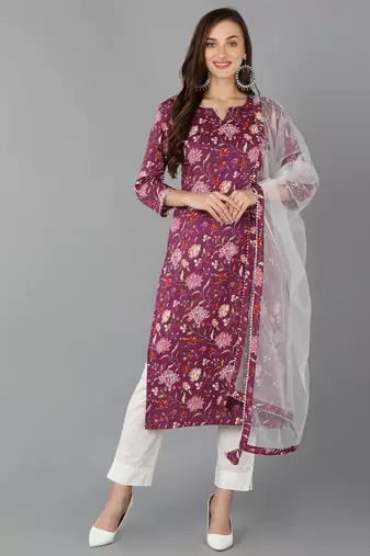 Women purple printed rayon stiched straight kurta trousers suit set