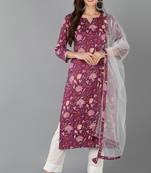 Women purple printed rayon stiched straight kurta trousers suit set