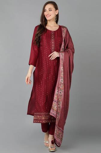 Women red printed silk blend stiched straight kurta pant suit set