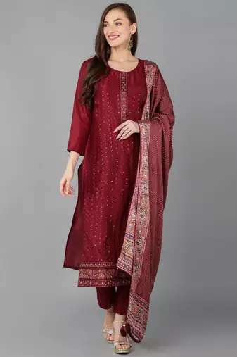 Women red printed silk blend stiched straight kurta pant suit set