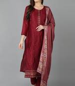 Women red printed silk blend stiched straight kurta pant suit set