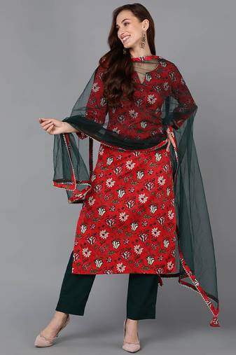Women red printed rayon stiched straight kurta trousers suit set