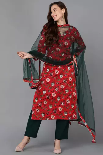 Women red printed rayon stiched straight kurta trousers suit set