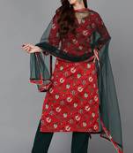 Women red printed rayon stiched straight kurta trousers suit set