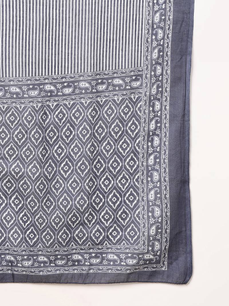 women grey rayon blend geometric printed a-line kurta trouser and dupatta