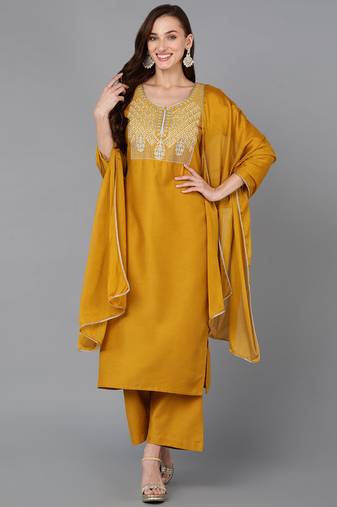 Women yellow embroidered silk blend stiched straight kurta palazzo suit set