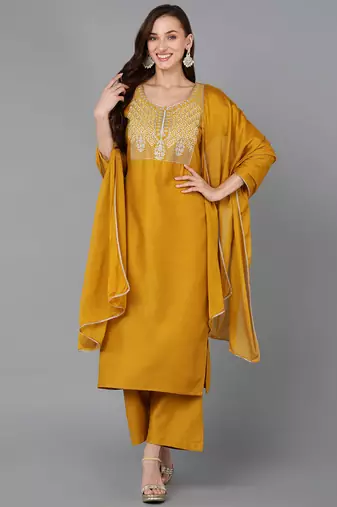Women yellow embroidered silk blend stiched straight kurta palazzo suit set