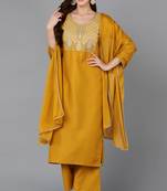 Women yellow embroidered silk blend stiched straight kurta palazzo suit set