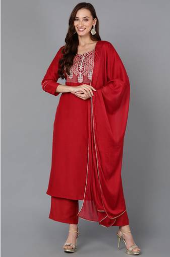 Women red printed silk blend stiched straight kurta palazzo suit set