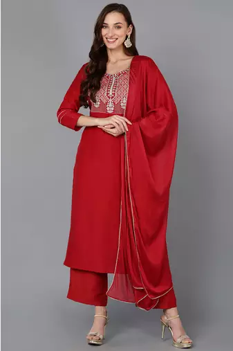 Women red printed silk blend stiched straight kurta palazzo suit set