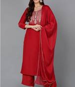Women red printed silk blend stiched straight kurta palazzo suit set