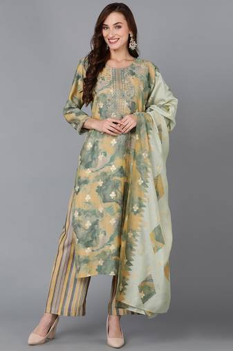 Women yellow printed silk blend stiched straight kurta palazzo suit set