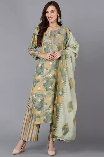 Women yellow printed silk blend stiched straight kurta palazzo suit set