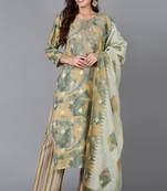Women yellow printed silk blend stiched straight kurta palazzo suit set