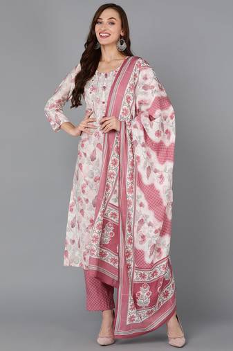 Women white printed silk blend stiched straight kurta trousers suit set