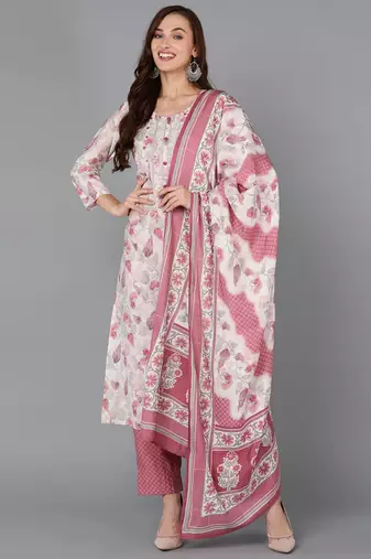 Women white printed silk blend stiched straight kurta trousers suit set