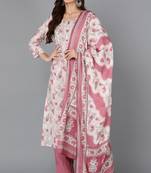 Women white printed silk blend stiched straight kurta trousers suit set