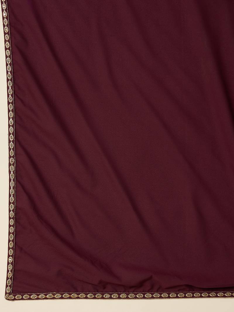 women burgundy georgette solid embroidered anarkali kurta trouser with dupatta