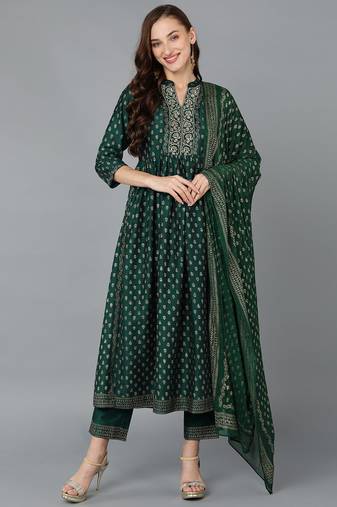 Women green printed silk blend stiched anarkali kurta pant suit set