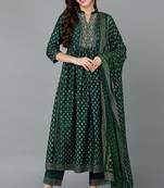 Women green printed silk blend stiched anarkali kurta pant suit set