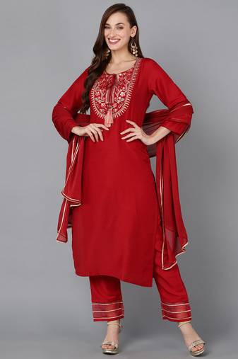 Women red embroidered silk blend stiched straight kurta pant suit set