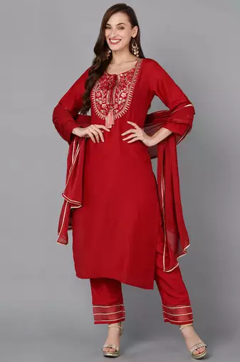 Women red embroidered silk blend stiched straight kurta pant suit set