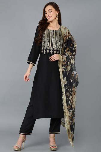 Women black printed silk blend stiched straight kurta pant suit set