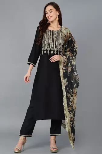 Women black printed silk blend stiched straight kurta pant suit set