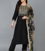 Women black printed silk blend stiched straight kurta pant suit set