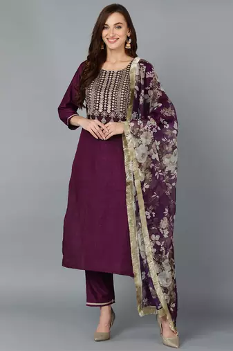 Women purple printed silk blend stiched straight kurta pant suit set