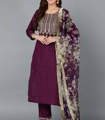 Women purple printed silk blend stiched straight kurta pant suit set