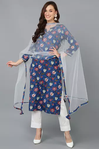 Women blue printed rayon stiched straight kurta pant suit set