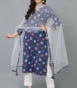 Women blue printed rayon stiched straight kurta pant suit set