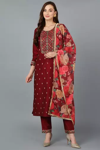 Women red embroidered silk blend stiched straight kurta pant suit set