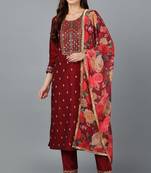 Women red embroidered silk blend stiched straight kurta pant suit set