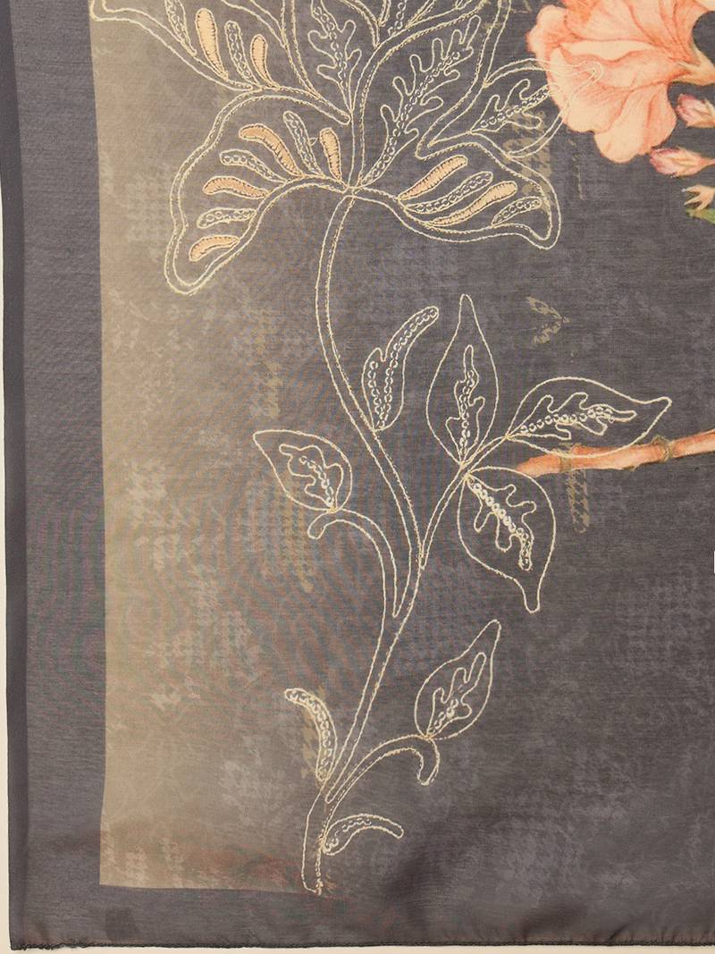 women grey silk blend floral printed straight kurta trouser with dupatta