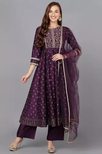 Women purple printed silk blend stiched anarkali kurta palazzo suit set