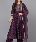 Women purple printed silk blend stiched anarkali kurta palazzo suit set