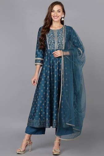 Women blue printed silk blend stiched anarkali kurta palazzo suit set