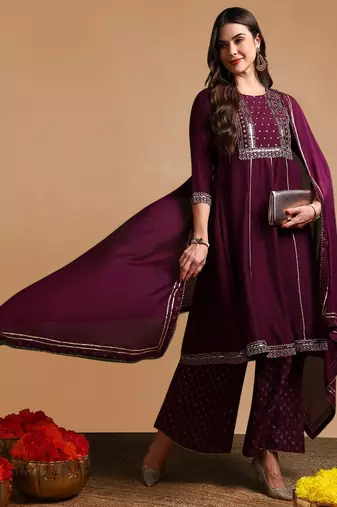 Purple silk blend solid embroidered anarkali kurta palazzo with dupatta