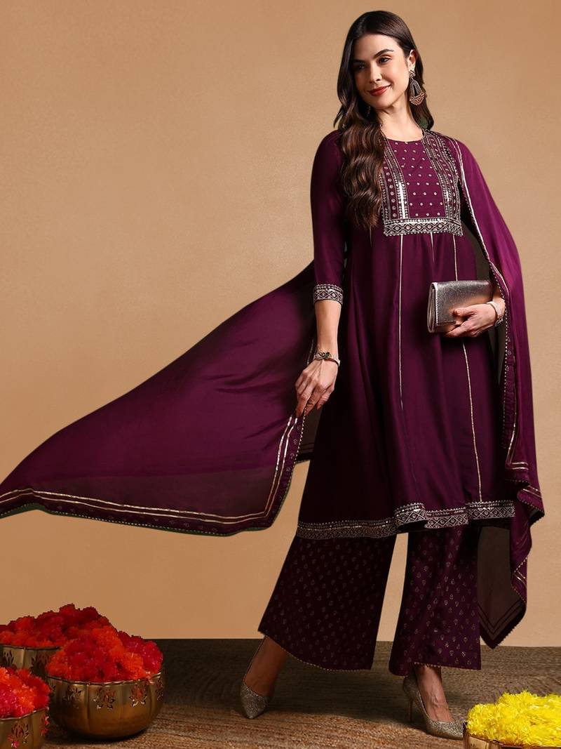 Purple silk blend solid embroidered anarkali kurta palazzo with dupatta