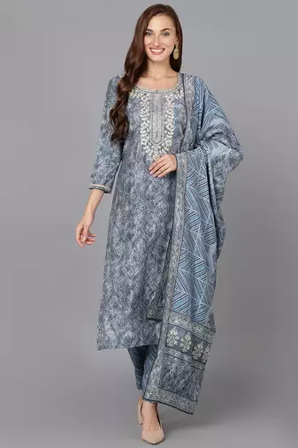 Women grey printed silk blend stiched straight kurta trousers suit set