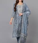 Women grey printed silk blend stiched straight kurta trousers suit set
