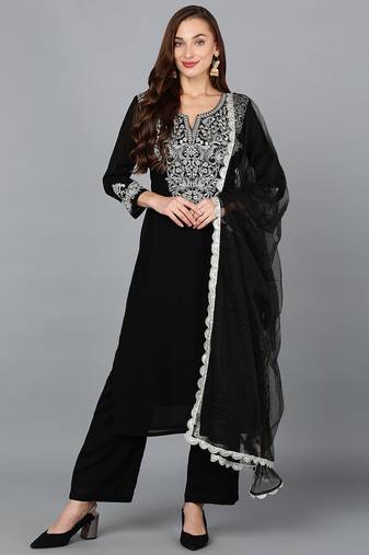 Women black printed silk blend stiched straight kurta trousers suit set