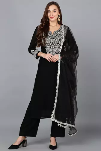 Women black printed silk blend stiched straight kurta trousers suit set