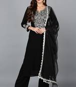 Women black printed silk blend stiched straight kurta trousers suit set
